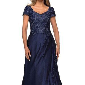 La Femme Navy Lace Bodice Satin A-Line Evening Gown